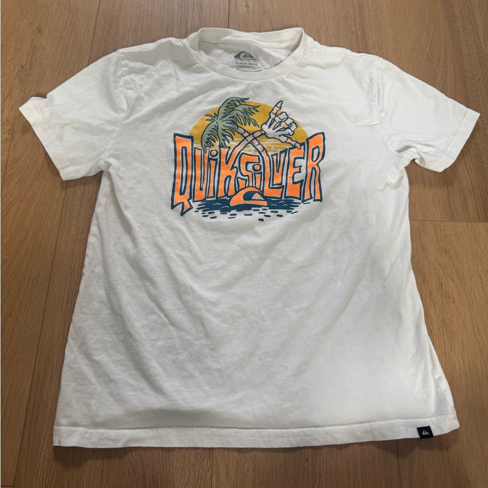 Quiksilver Boys White Graphic Tee with Tropical Palm and Skeleton Hand Design